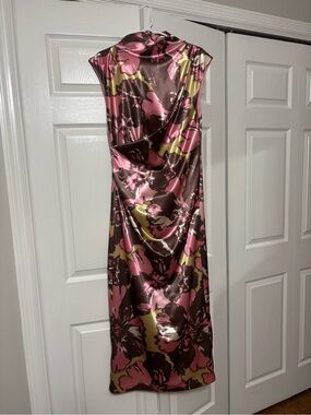 glam Pink and Brown Floral Satin Midi Dress with Gold Accents